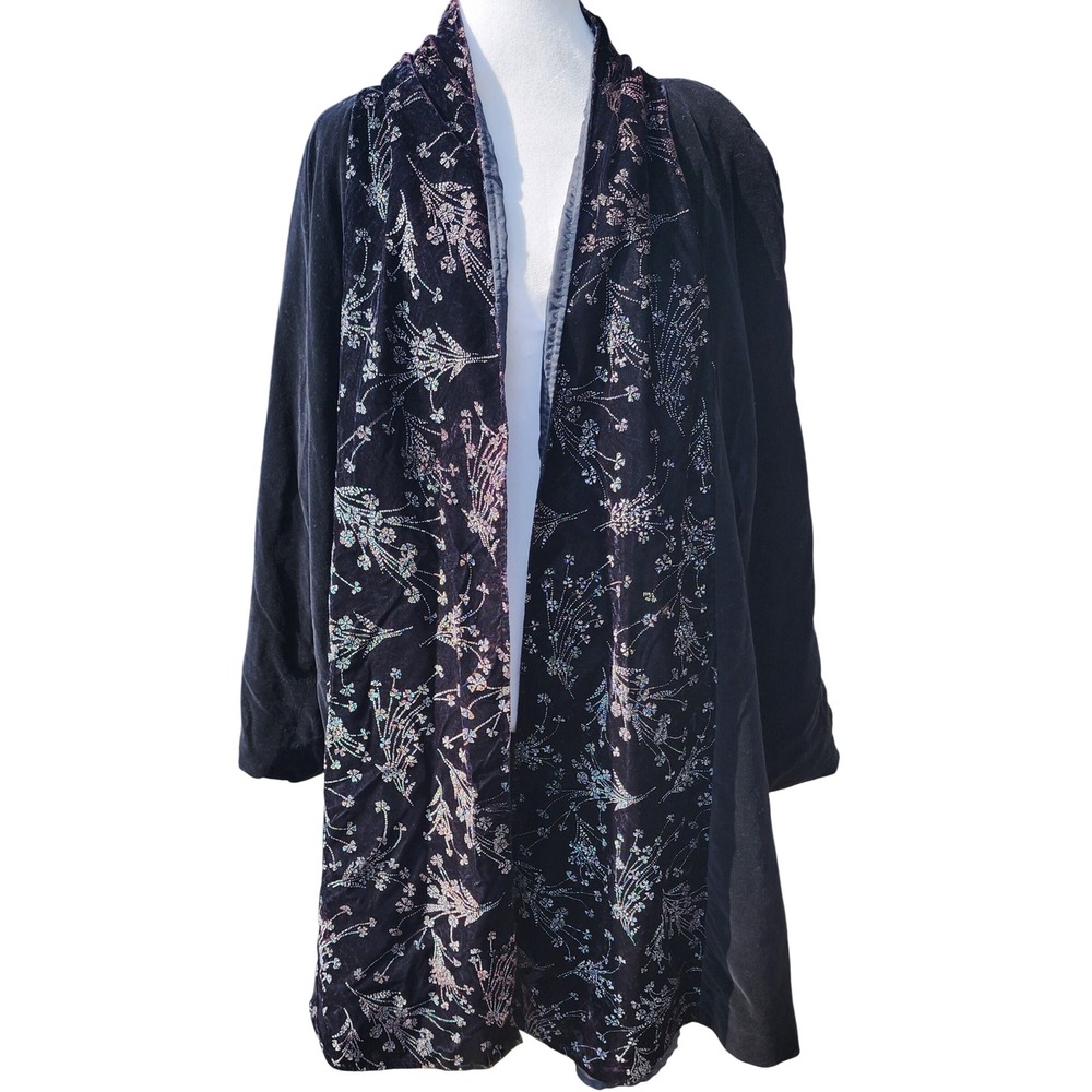 Vintage Black Cotton Velvet Floral Glitter Open Front Kimono Duster Coat Size M